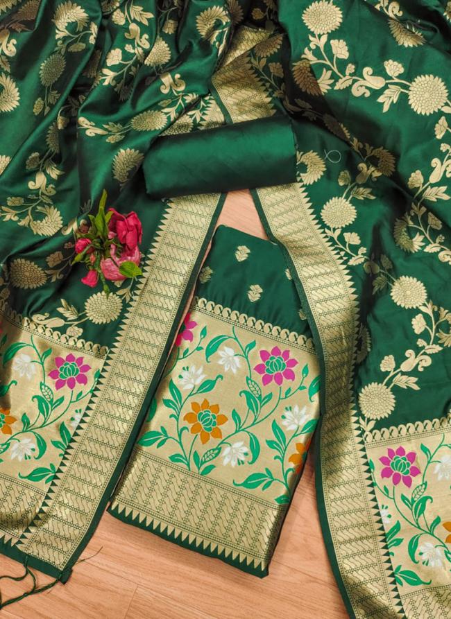 Banarasi Silk Green Festival Wear Weaving Dress Material